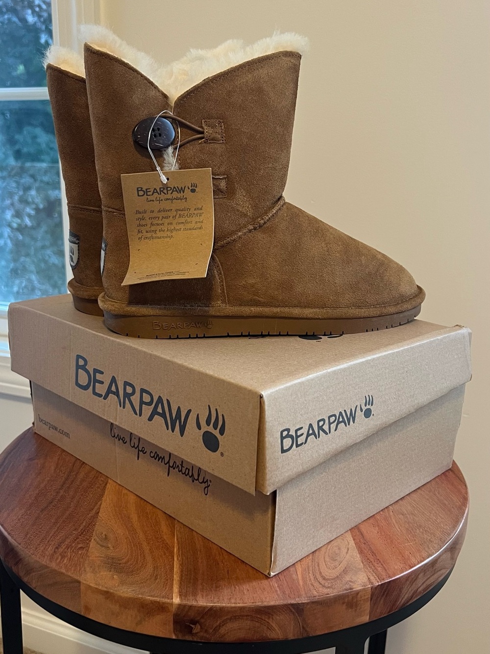 BearPaw Brown Suede Button Winter Boots with Cream Sherpa